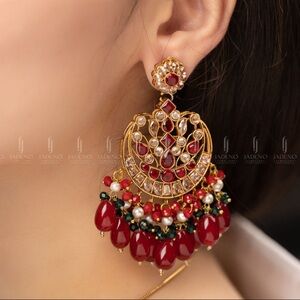 Gold-Tone Red and Green Kundan Dangle Earrings